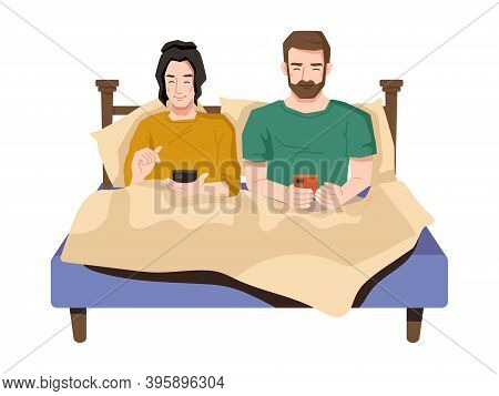 Couple Use Smartphone In Bed, Internet Addiction, Problem In Relationships Of Husband And Wife. Vect