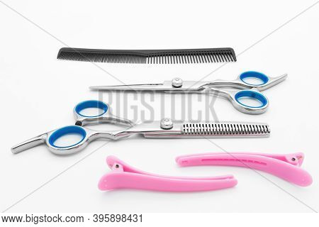 Hair Scissors Set Hairdressing Tools Isolated On White Background.