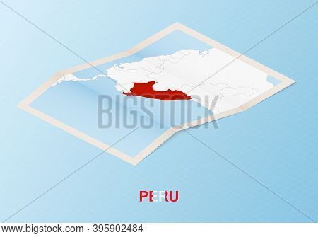 Folded Paper Map Of Peru With Neighboring Countries In Isometric Style On Blue Vector Background.