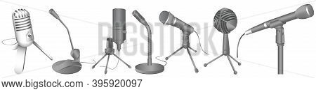 Vector Microphones Set. Audio Technology, Musical Record Symbol. Modern Microphones In Different Sty