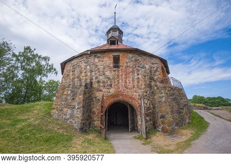 The Ancient Round Tower Of Lars Torstensson In The Korela Fortress Close-up. Priozersk, Leningrad Re