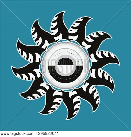 Picture Of A Black And White Color, Abstract Round Shape, Flower Design, Having A Blue Background.