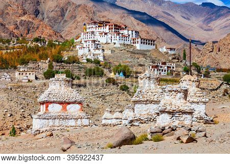 White Stupas Near The Likir Monastery Or Gompa In Likir Village Near Leh In Ladakh, North India