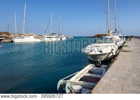 Santorini, Greece - September 16, 2020: Yachts Mooring In The Port Of Vlychada, One Of The Three Big