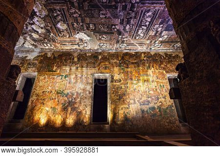 Ancient Buddhist Painting At Ajanta Caves Near Aurangabad City In Maharashtra State Of India