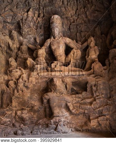 Hindu Carving At Elephanta Caves, A Unesco World Heritage Site And Cave Temples On Elephanta Island 