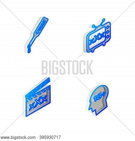 Set Isometric Line Sex Tv Old Television, Spanking Paddle, Movie Clapper With And Head 18 Plus Icon.