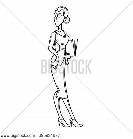Young Woman Businessman In A Suit With Business Papers In Hand. Haracter Outline Cartoon Illustratio