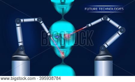 A Futuristic Concept Of Creating Artificial Intelligence On A Conveyor Belt. Two Mechanical Manipula