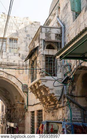 Jerusalem, Israel, October 24, 2020 : Decorative Stone External Balcony On The Wall Of A Building On