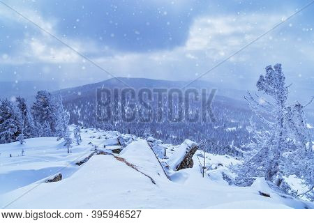 Sheregesh Ski Resort In Russia, Located In Mountain Shoriya, Siberia. Winter Landscape, Trees In Sno