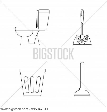 Toilet Icon. Restroom. Wc, Bathroom In Outline. Toilet Brush, Plunger And Trash Can. Plumbing Servic