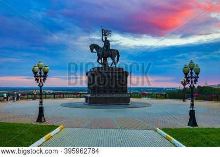 Monument To Grand Prince Vladimir And Saint Fedor In Vladimir City, Golden Ring Of Russia At Sunset