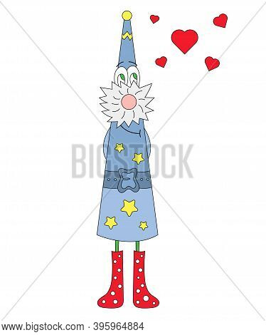 Fantasy Character Christmas Gnome Isolated On White Background. A Cute Gnome In A Blue Caftan, A Blu