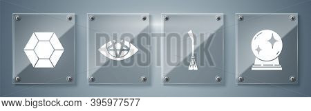 Set Magic Ball, Witches Broom, Pentagram And Magic Stone. Square Glass Panels. Vector