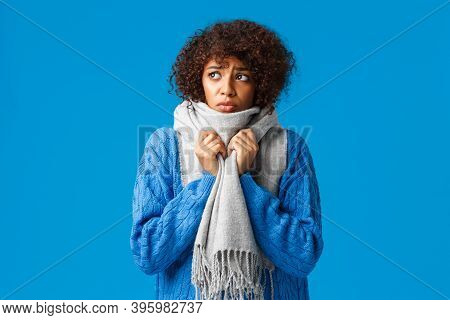 Silly And Sad, Gloomy African-american Girl Looking Outside Windy Snowy Weather Winter, Wrap Neck Wi
