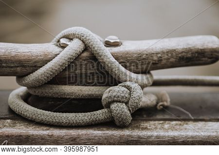 Thick Brown Gray Rope Wound On The Ship