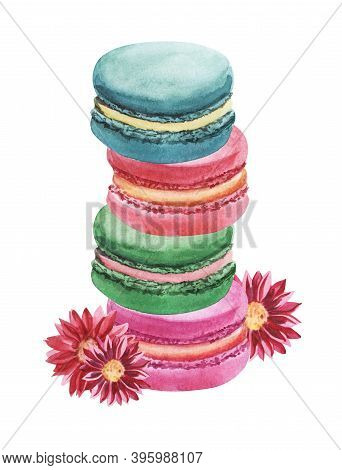 Watercolor Image Of Four Colorful Macaroons Standing On Each Other. Cute Tower Of Almond Biscuits De