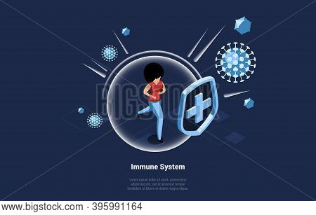 Isometric Illustration In Cartoon 3d Style. Vector Composition On Dark Background On Human Immune Sy