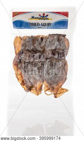 Winneconne, Wi -10 November 2020:  A Package Of Max Delights Dried Squid On An Isolated Background.