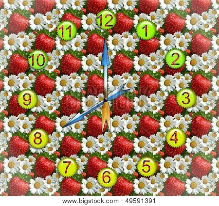 Stylish Watches For Creative Background Of Juicy Strawberries And Daisies