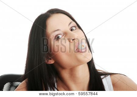 Young beautiful caucasian woman eating litchi fruits, isolated on whiet background