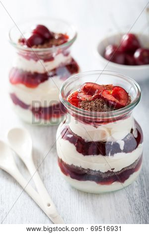 healthy dessert with creme fraiche jam and chocolate 