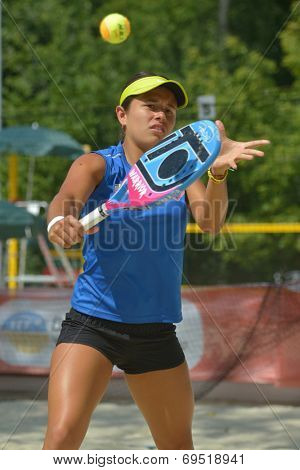 MOSCOW, RUSSIA - JULY 18, 2014: Patricia Diaz of Venezuela in the match against Estonia during ITF Beach Tennis World Team Championship. Venezuela won 3-0