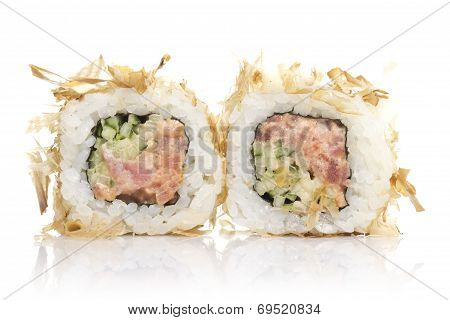 Sushi Roll With Tuna Shavings Isolated On White Background