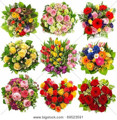 Nine Colorful Flowers Bouquet On White