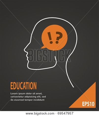 Human head with question and answer marks on  black background. Education concept