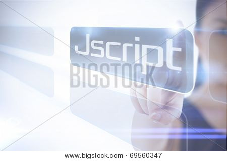 Businesswoman pointing to word jscript against white background with vignette