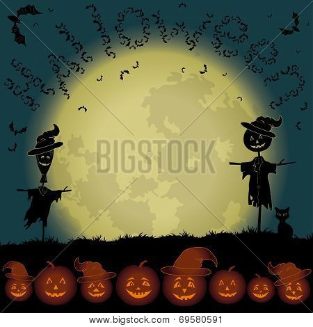 Halloween landscape, moon and pumpkins