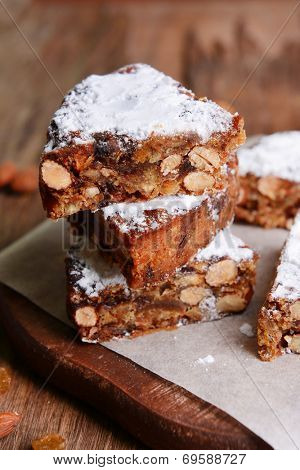 Delicious cake panforte on table close-up