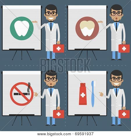 Adult doctor stomatologist indicates on flipchart infographics