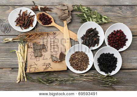 Traditional chinese herbal medicine ingredients with not real hieroglyphs, close-up
