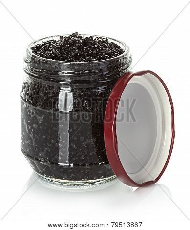 Caviar Black In A Glass Jar Isolated On White Background