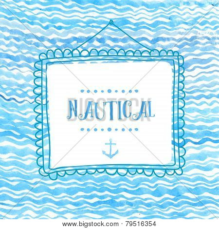 Square frame hand drawn on marine wave watercolor texture. Vector artistic backdrop.