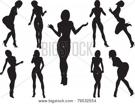 Silhouettes of women with curvaceous and erotic poses-vector 10 EPS