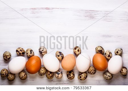 Different types of eggs on a white wooden background