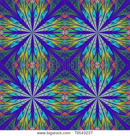 Symmetrical Pattern In Stained-glass Window Style. Blue And Darkblue Palette. Computer Generated Gra