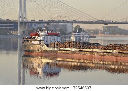 Cargo Ship And Cable-braced Bridge