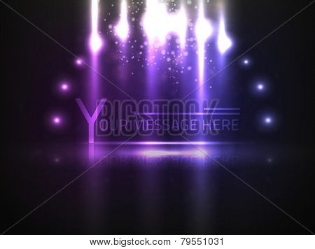 Vector abstract violet colored 'spotlight' text effect with bright particles around it on black background.