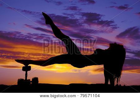 Silhouette Of A Fitness Woman Body Up On Weights Leg Up