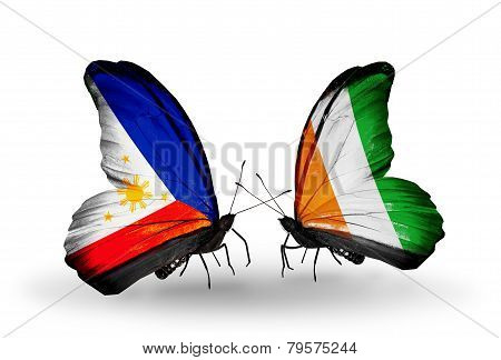 Two Butterflies With Flags On Wings As Symbol Of Relations Philippines And Cote Divoire