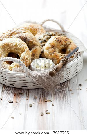 Homemade bagels with sesame, poppy, pumpkin and sunflower seeds
