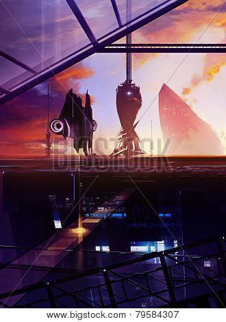 Illustrated sci-fi space ship station with led lights and towers artwork.