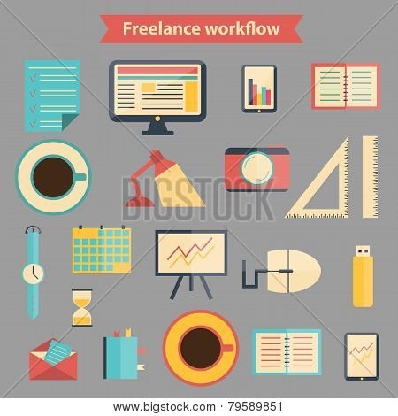Set of flat freelance workflow icons