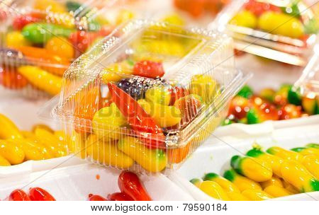 Deletable Imitation Fruits-traditional Thai Dessert Made From Nut And Jelly In Transparent Plastic C