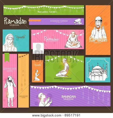 Social media ads, header or banner set with Islamic elements for holy month of Muslim community, Ramadan Kareem celebration.